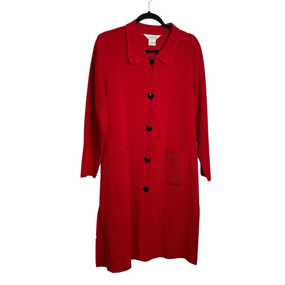 Vintage Misook Womens Knit Cardigan Jacket Size S Red Ribbed Long Line Pockets
